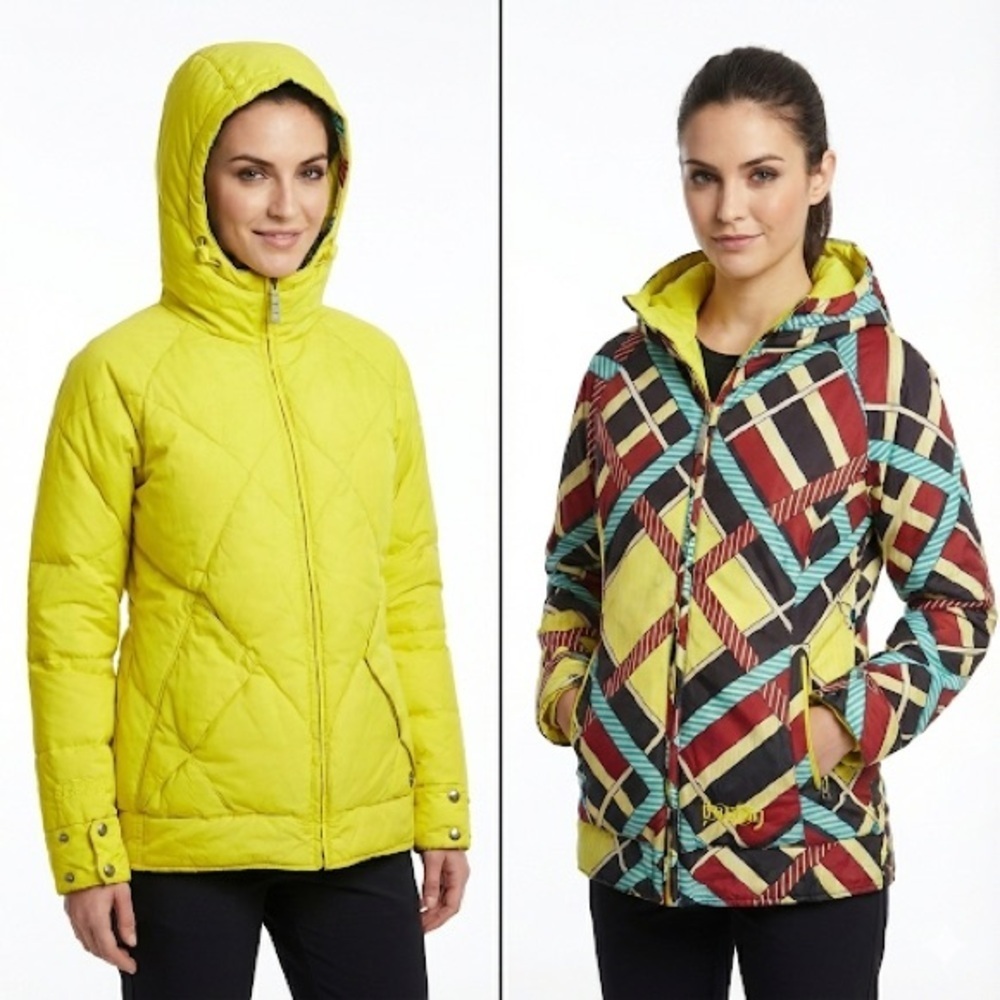 Burton Bliss Down Snow Jacket Reversible Hooded Geometric Stripe Yellow Multi XS